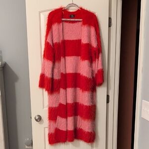 Dressed in LALA Fuzzy Open-Front Long Cardigan in Red and Pink